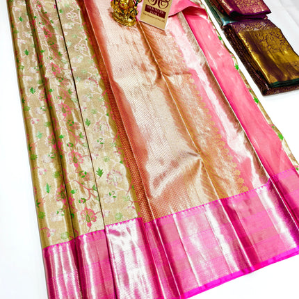 Kanchipuram pure silk wedding saree in vibrant colors with intricate work