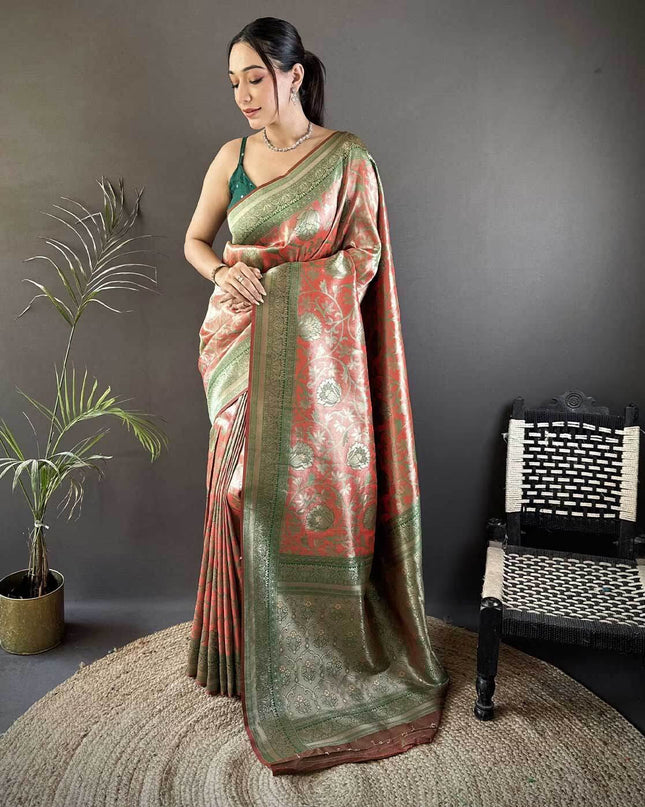 Affordable Luxury Soft Silk Saree with Ikkat Zari Weaving, Minakari Work and Contrast Border