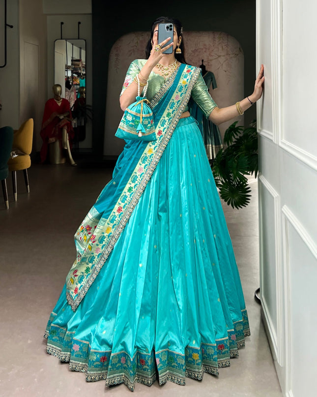 Paithani Soft Silk Zari Weaving Lehenga Set with Batwa