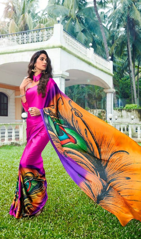 Satin Silk Saree with Exclusive Hand Print & Stone Diamond Work