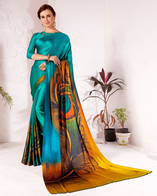 Satin Silk Saree with Exclusive Hand Print & Stone Diamond Work