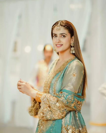 Premium Embroidered Fendy Silk Kurti Sharara Set with Flared Sharara and Sequined Dupatta