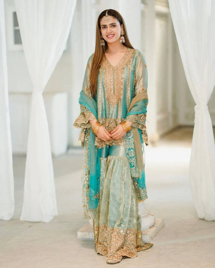 Premium Embroidered Fendy Silk Kurti Sharara Set with Flared Sharara and Sequined Dupatta