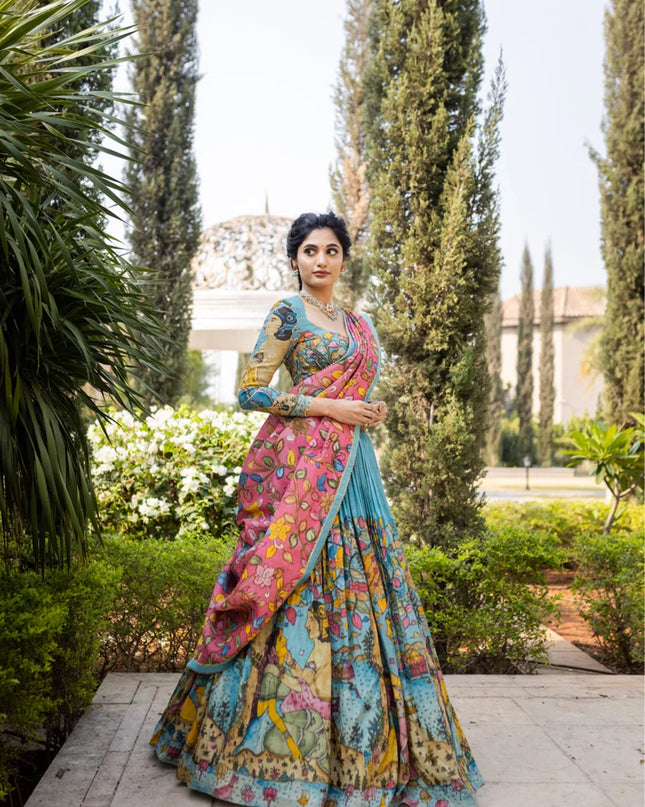 Premium Blue Tussar Silk Lehenga Choli With Kalamkari Print