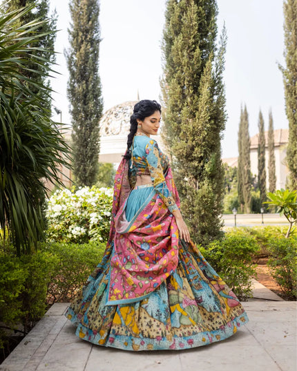 Premium Blue Tussar Silk Lehenga Choli With Kalamkari Print