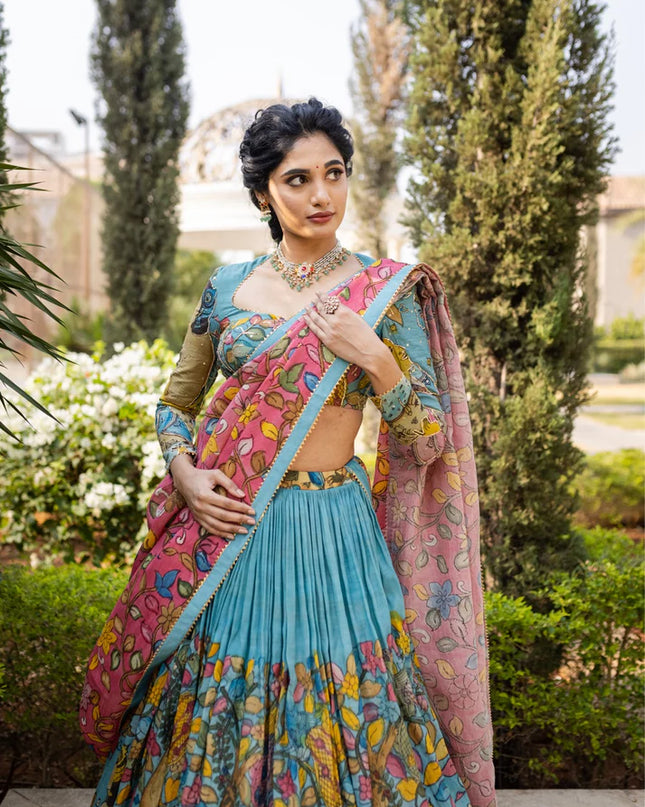Premium Blue Tussar Silk Lehenga Choli With Kalamkari Print