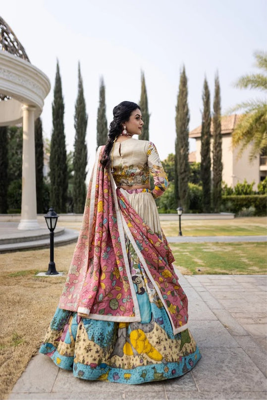Premium Cream Tussar Silk Lehenga Choli With Kalamkari Print