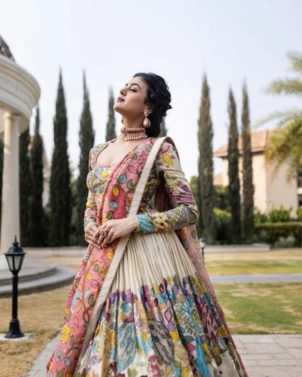 Premium Cream Tussar Silk Lehenga Choli With Kalamkari Print