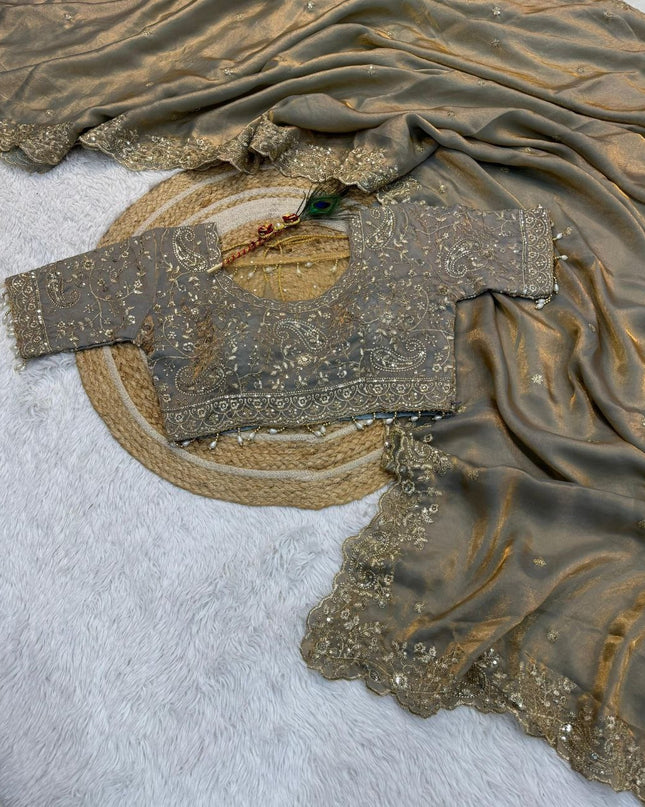 Premium Pure Space Silk Saree With Zari Sequence Mango Design Embrodairy Work