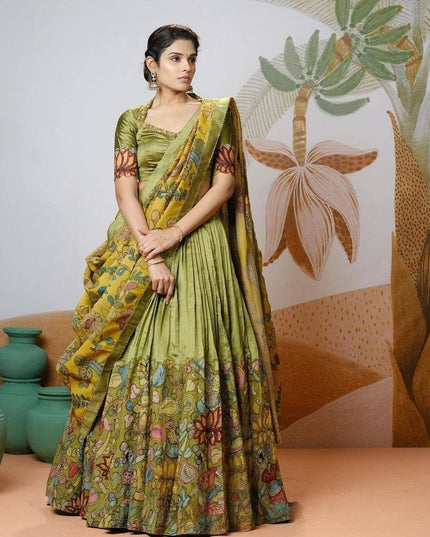 Premium Green Floral Tussar Silk Lehenga Choli With Kalamkari Print