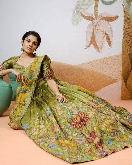 Premium Green Floral Tussar Silk Lehenga Choli With Kalamkari Print