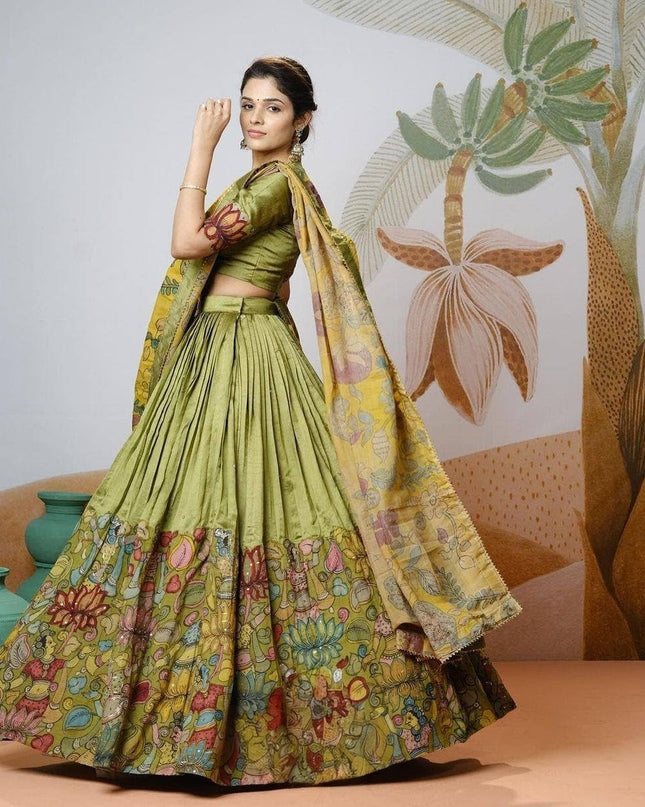 Premium Green Floral Tussar Silk Lehenga Choli With Kalamkari Print