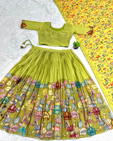 Premium Green Floral Tussar Silk Lehenga Choli With Kalamkari Print
