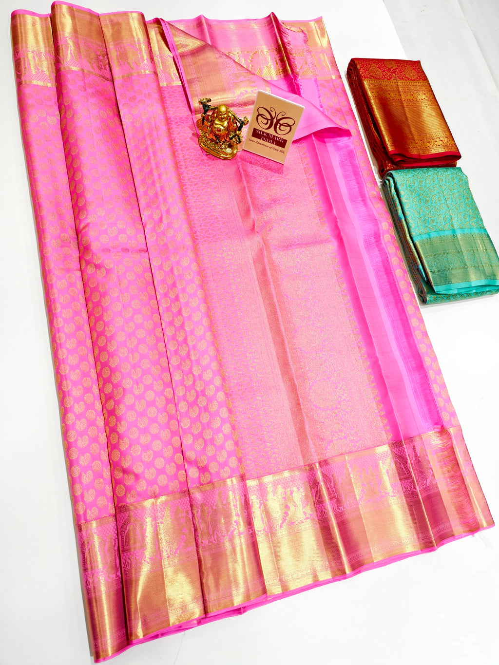Kanchipuram pure silk wedding saree in vibrant colors with intricate work