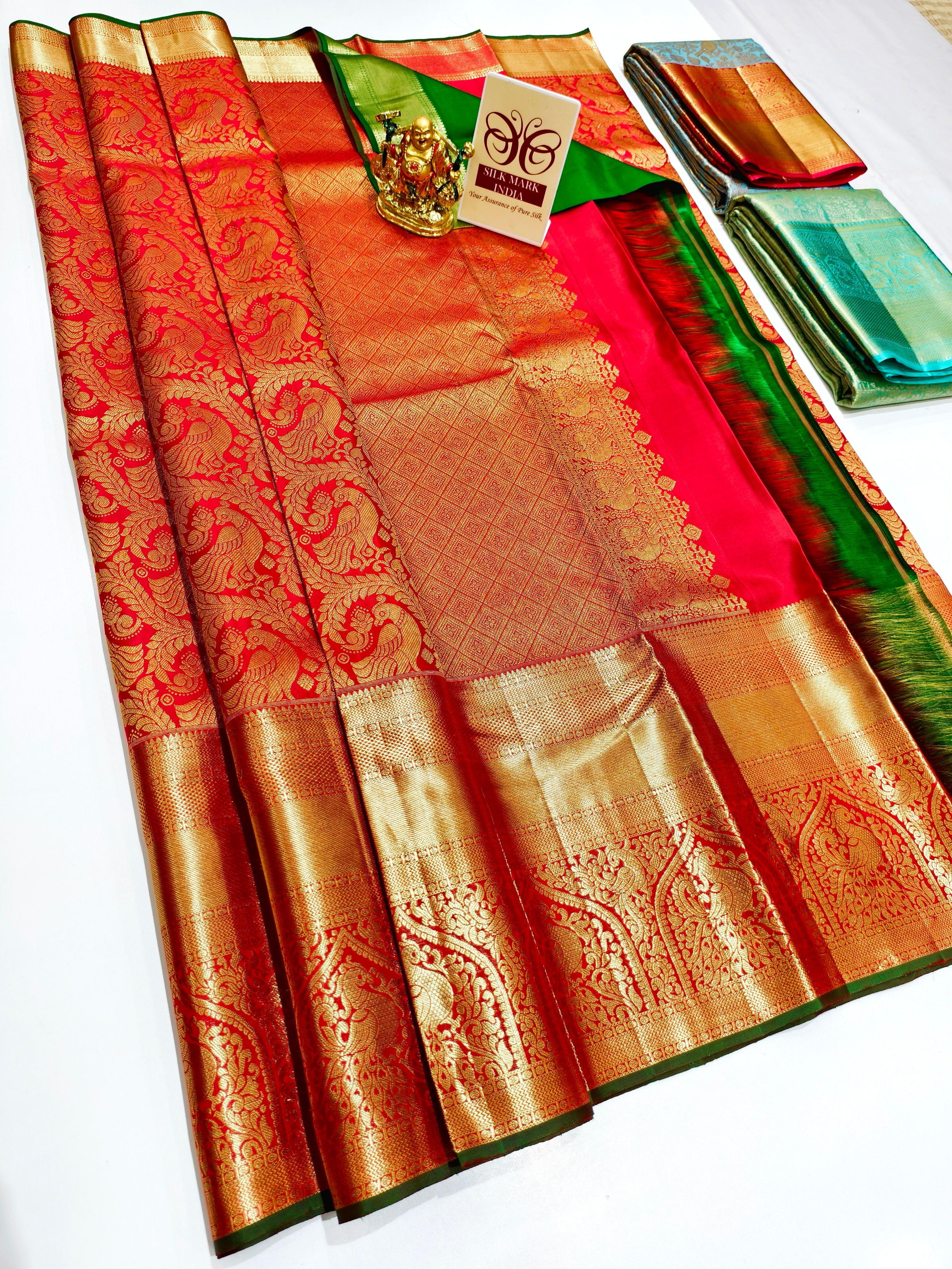 Kanchipuram pure silk wedding saree in vibrant colors with intricate work