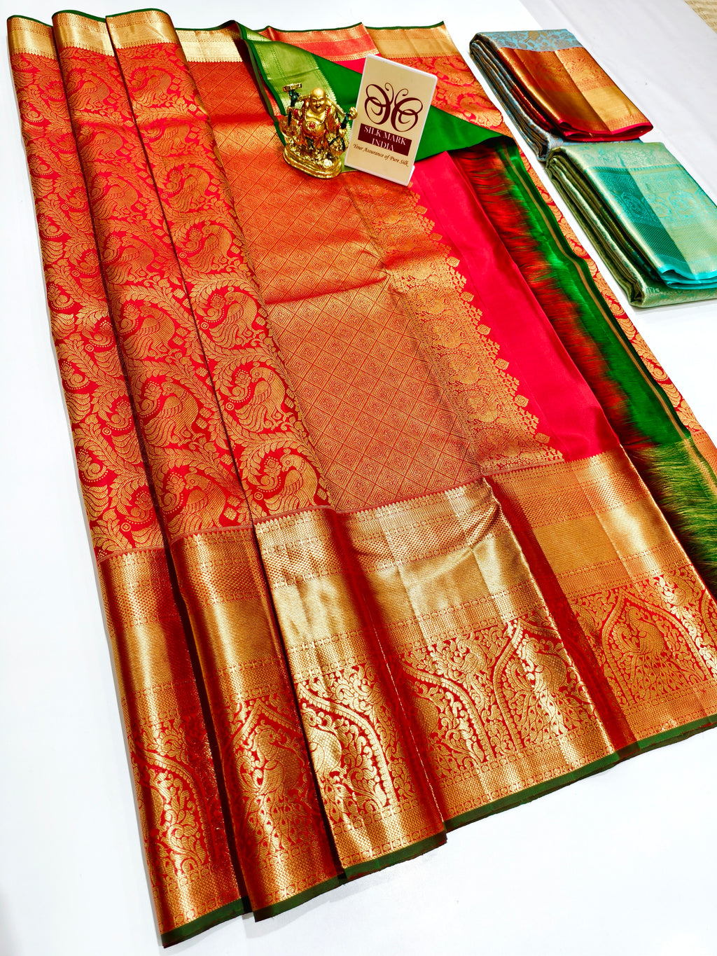 Kanchipuram pure silk wedding saree in vibrant colors with intricate work