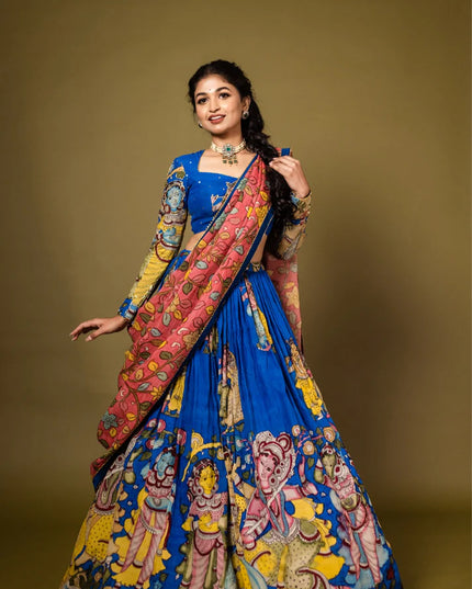 Premium Indigo Tussar Silk Lehenga Choli With Kalamkari Print