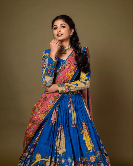 Premium Indigo Tussar Silk Lehenga Choli With Kalamkari Print
