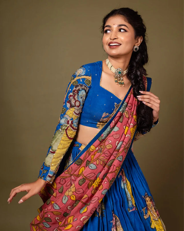 Premium Indigo Tussar Silk Lehenga Choli With Kalamkari Print