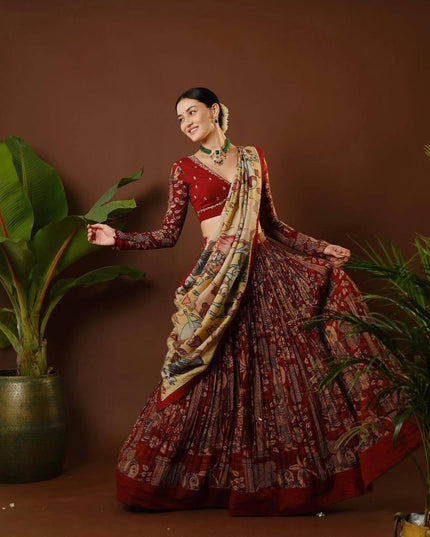 Premium Maroon Tussar Silk Lehenga Choli With Kalamkari Print