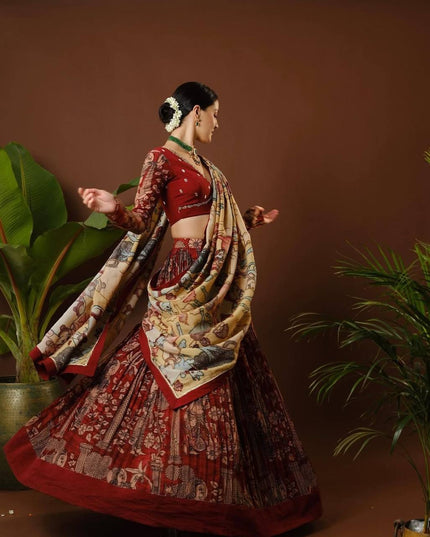Premium Maroon Tussar Silk Lehenga Choli With Kalamkari Print