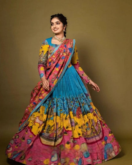 Premium Light Blue Tussar Silk Lehenga Choli With Kalamkari Print