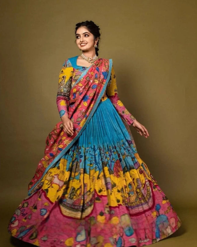 Premium Light Blue Tussar Silk Lehenga Choli With Kalamkari Print