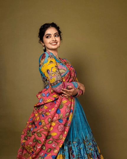 Premium Light Blue Tussar Silk Lehenga Choli With Kalamkari Print