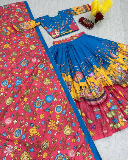 Premium Light Blue Tussar Silk Lehenga Choli With Kalamkari Print