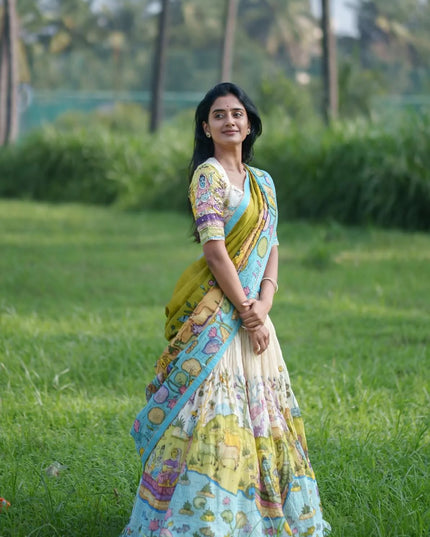 Premium Multicolor Tussar Silk Lehenga Choli With Kalamkari Print