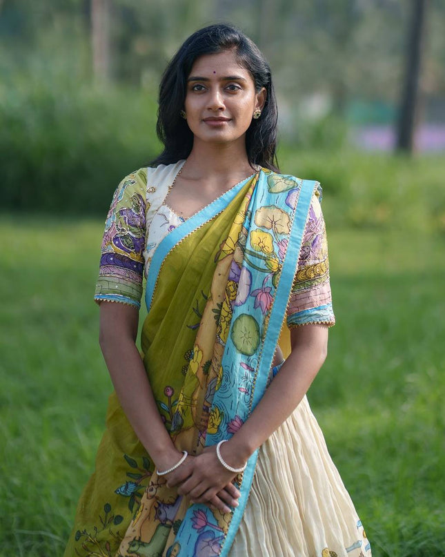 Premium Multicolor Tussar Silk Lehenga Choli With Kalamkari Print