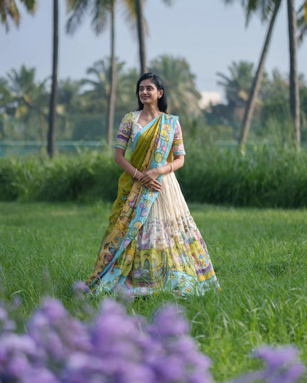 Premium Multicolor Tussar Silk Lehenga Choli With Kalamkari Print