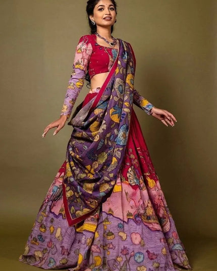 Premium Multicolor Tussar Silk Lehenga Choli With Kalamkari Print