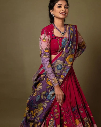 Premium Multicolor Tussar Silk Lehenga Choli With Kalamkari Print