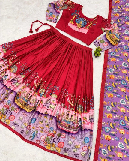 Premium Multicolor Tussar Silk Lehenga Choli With Kalamkari Print