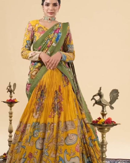 Mustard Tussar Silk Lehenga Choli with Kalamkari Print | Festive Wear