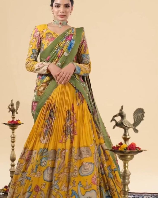 Mustard Tussar Silk Lehenga Choli with Kalamkari Print | Festive Wear