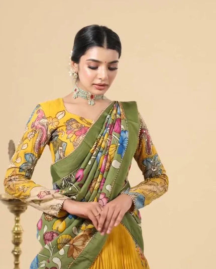 Mustard Tussar Silk Lehenga Choli with Kalamkari Print | Festive Wear