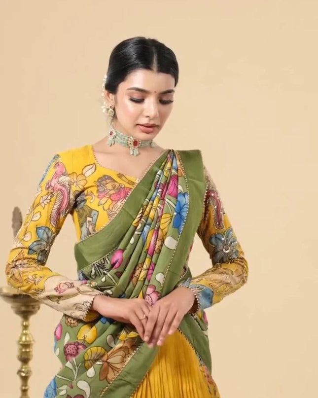 Mustard Tussar Silk Lehenga Choli with Kalamkari Print | Festive Wear