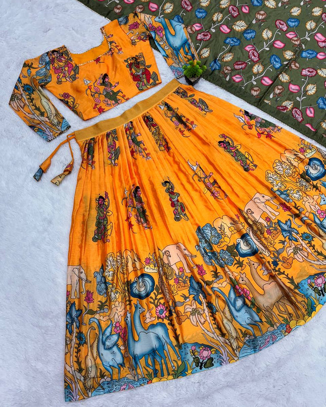 Mustard Tussar Silk Lehenga Choli with Kalamkari Print | Festive Wear