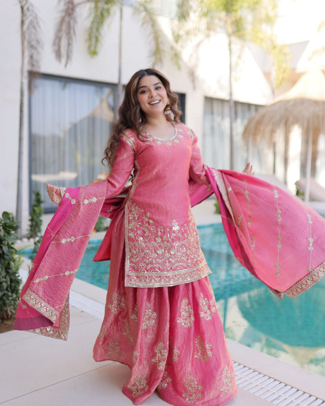 Fendi Crush Zari Sequins Embroidered Kurti Sharara Set with Dupatta