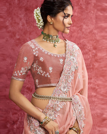 Designer Peach Casio Saree with Heavy Embroidery Sequin Work for Wedding Party Wear