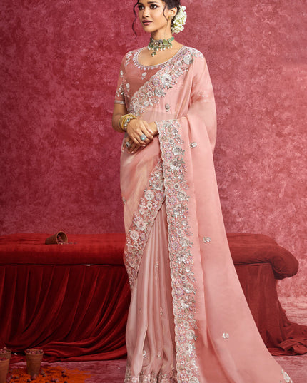 Designer Peach Casio Saree with Heavy Embroidery Sequin Work for Wedding Party Wear