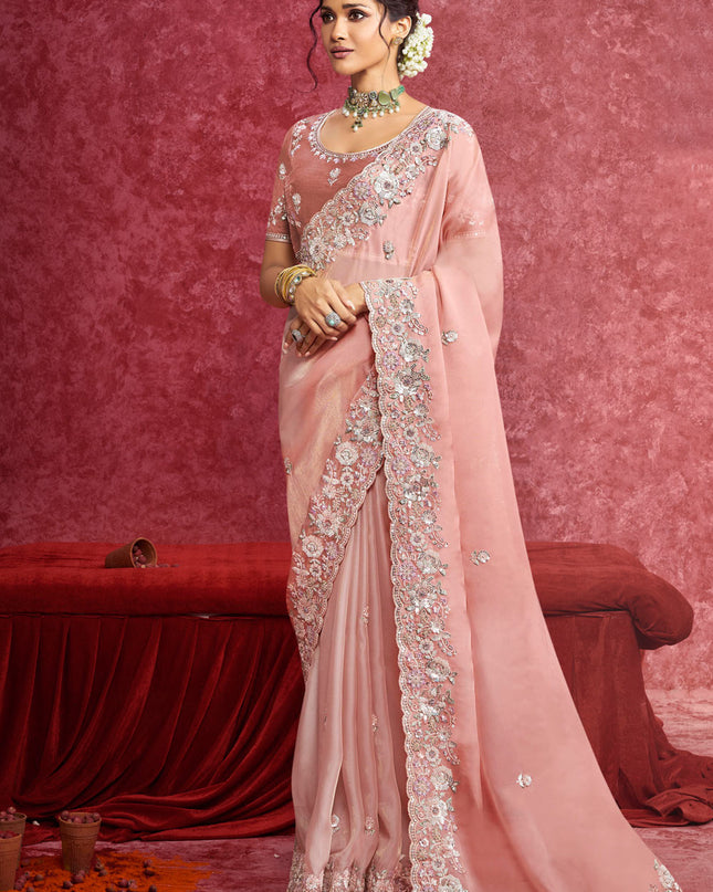 Designer Peach Casio Saree with Heavy Embroidery Sequin Work for Wedding Party Wear
