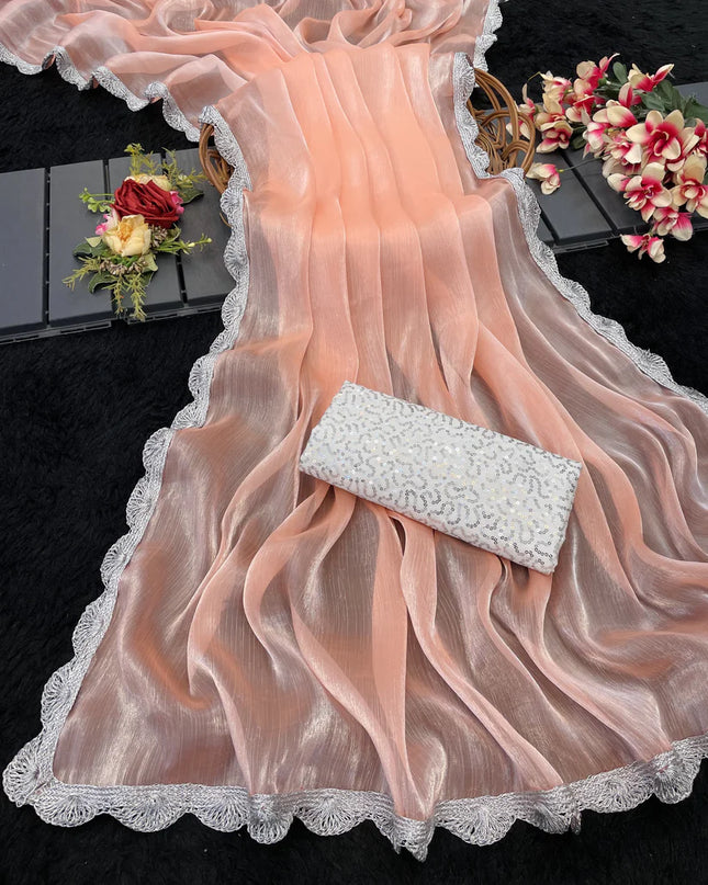 Jimmy Choo Saree with Premium Silver Lace Border & Sequins Embroidered Blouse Piece