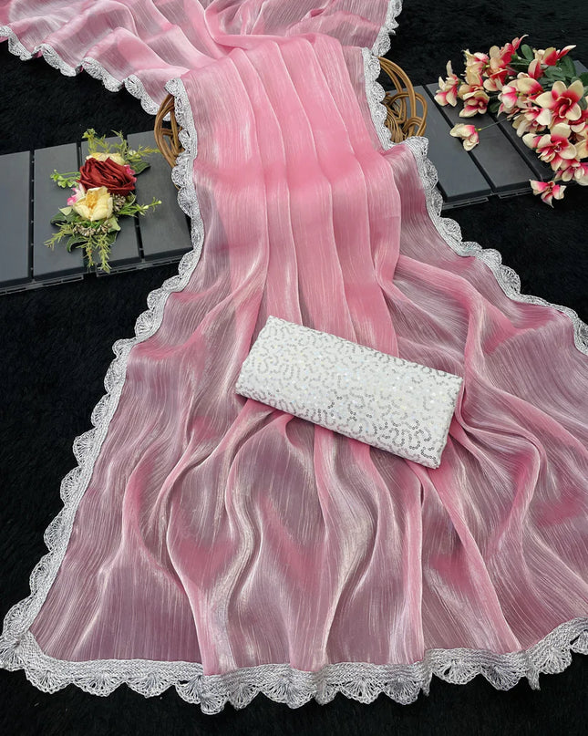 Jimmy Choo Saree with Premium Silver Lace Border & Sequins Embroidered Blouse Piece