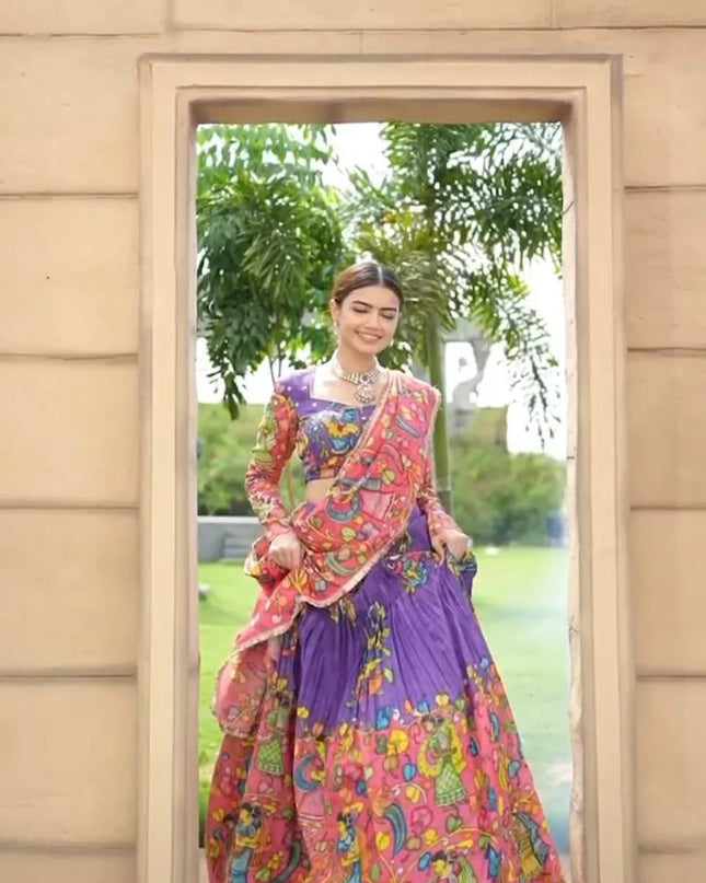 Premium Purple Tussar Silk Lehenga Choli with Kalamkari Print | Festive
