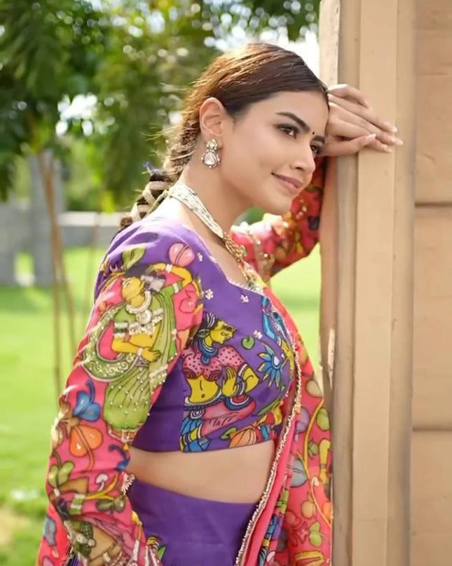 Premium Purple Tussar Silk Lehenga Choli with Kalamkari Print | Festive