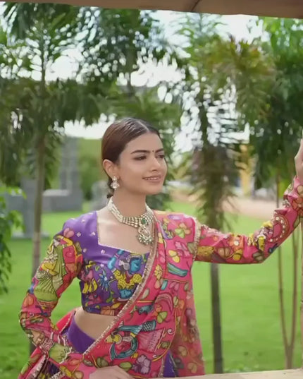 Premium Purple Tussar Silk Lehenga Choli with Kalamkari Print | Festive