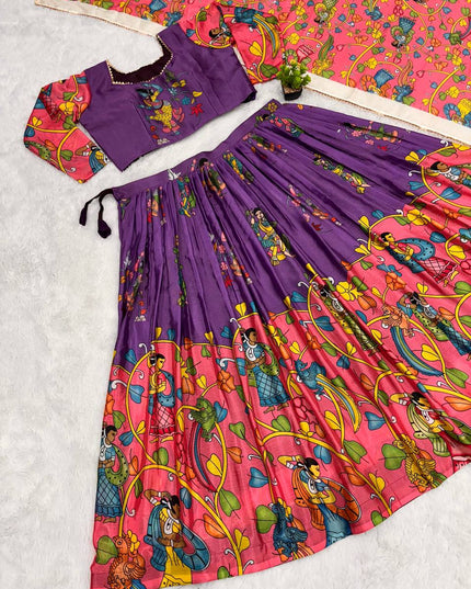 Premium Purple Tussar Silk Lehenga Choli with Kalamkari Print | Festive